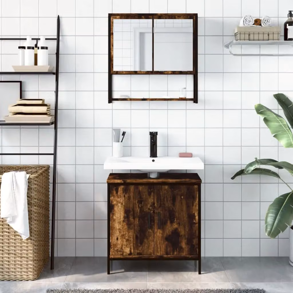 Berkfield Home 2 Piece Industrial Bathroom Furniture Set in Smoked Oak Brown featuring Mirror Cabinet and Vanity Unit – 3