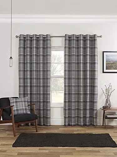 Sundour Carnoustie Checked Eyelet Blackout Curtains in Grey, W: 167.64 cm x H: 182.88 cm