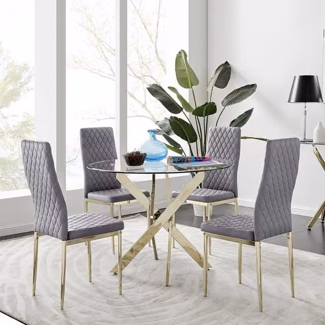 FurnitureboxUK Novara 100cm Gold Round Glass Dining Table and 4 Grey Velvet Milan Chairs