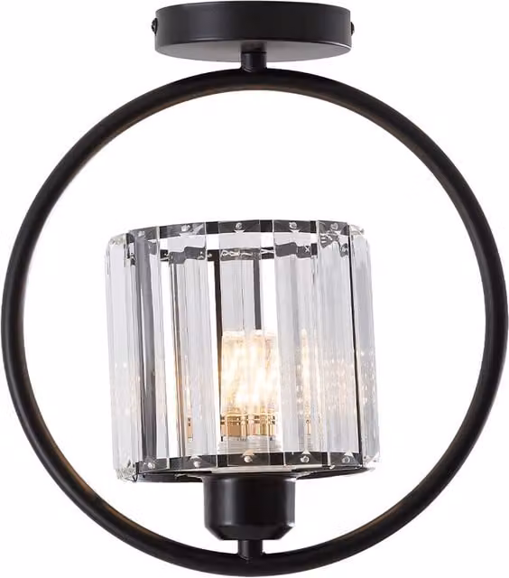 Livingandhome Semi Flush Mount Ceiling Light with Crystal Shade and Black Metal Canopy, Black