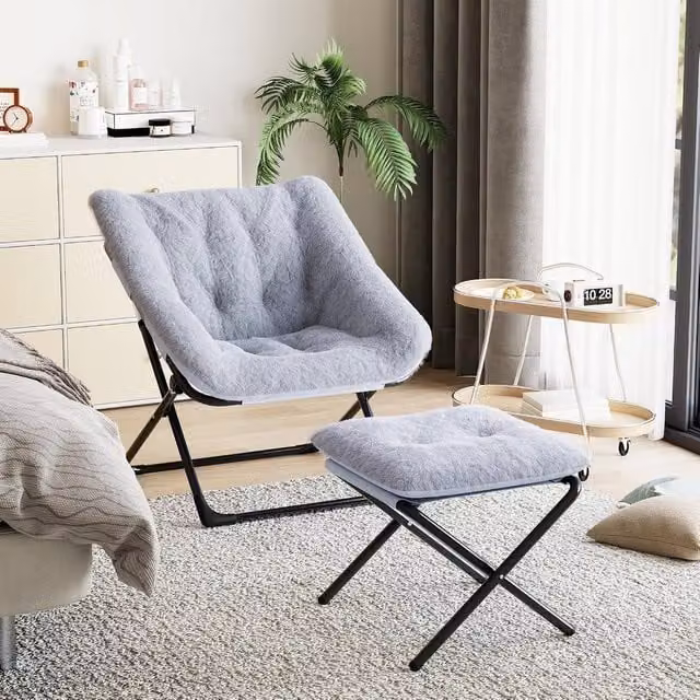 London Boutique Grey Folding Saucer Lounge Chair with Ottoman