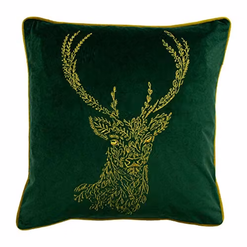Furn Forest Fauna Embroidered Woodland Stag Velvet Cushion in Green and Gold, W/D/H: 50 x 50 x 50 cm
