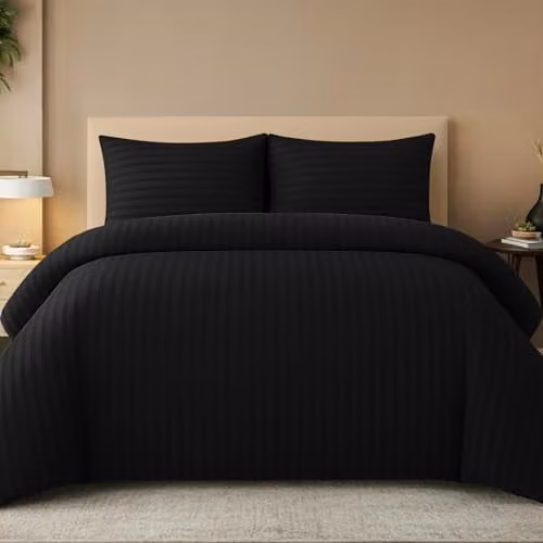 Pamposh Black Satin Stripe Microfibre Single Duvet Cover and Pillowcase Set, W/H: 135 x 200 cm and 50 x 75 cm – 1