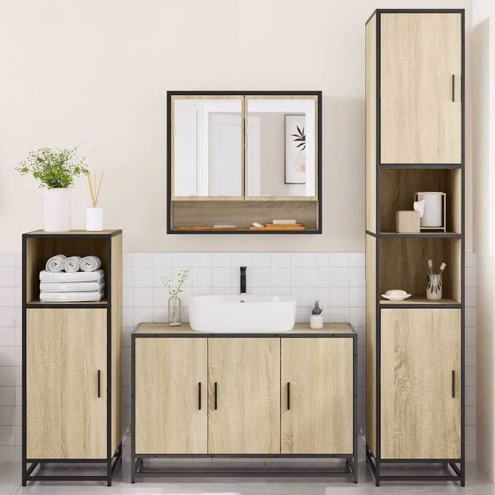 Berkfield Home 4-Piece Industrial Bathroom Furniture Set in Sonoma Oak and Tan – 3