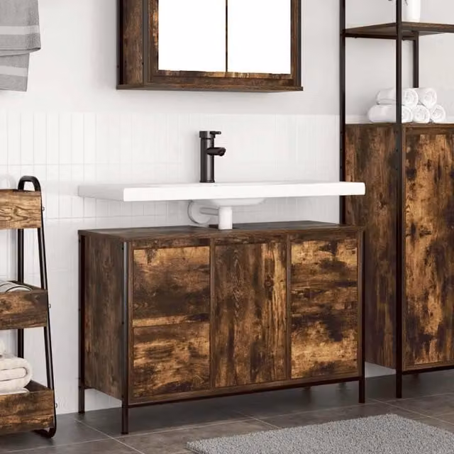 Berkfield Home Basin Cabinet with Drawers in Smoked Oak Brown, W: 90 cm, D: 34.5 cm, H: 60 cm – 1