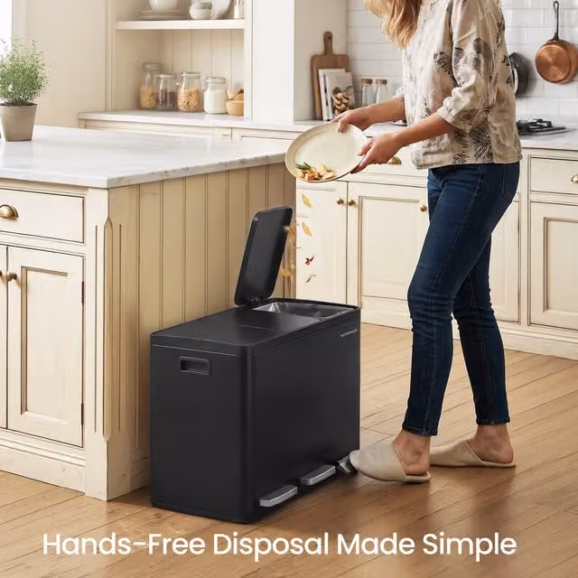 SONGMICS 3 x 15 L Pedal Kitchen Bin with Soft-Close Lid and Removable Inner Bucket, Black