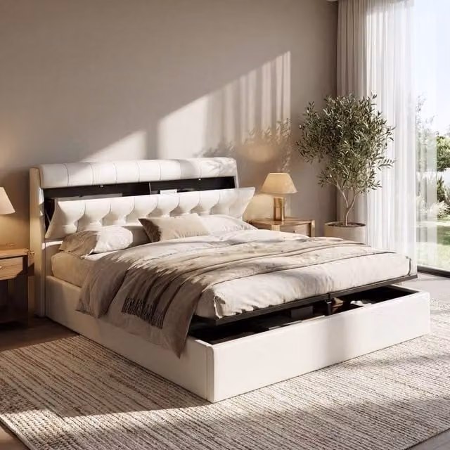 Rolipo Upholstered Double Bed with Lift Up Base in Beige and White, W/D/H: 150 x 200 cm – 1