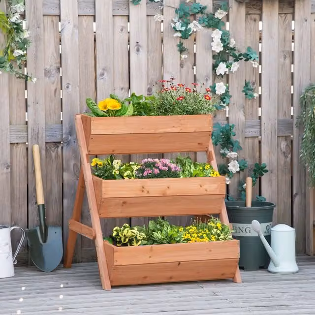 Outsunny 3 Tier Wooden Raised Garden Bed Elevated Planter Box in Brown