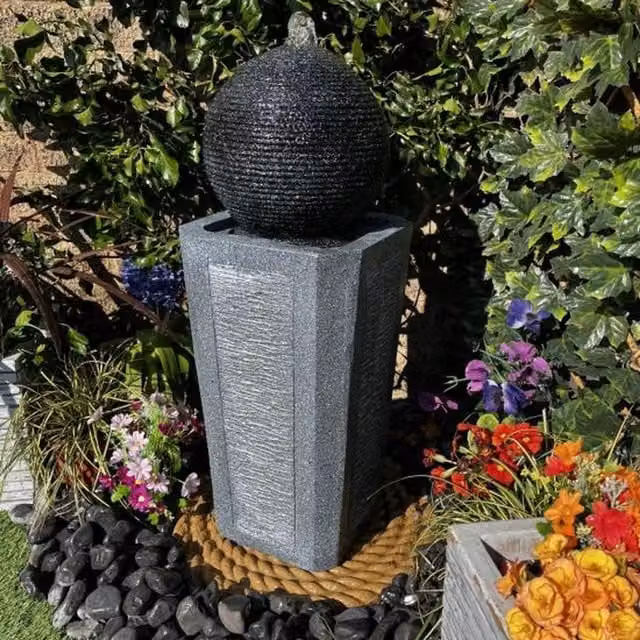 Tranquility Grey Ball and Column Contemporary Solar Water Column Freestanding Water Feature