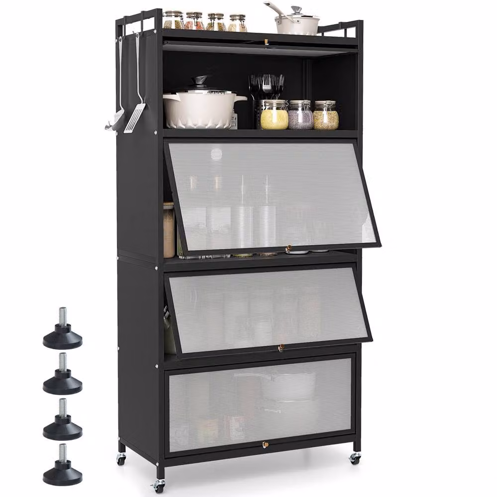 Gymax 5-Tier Rolling Kitchen Storage Cabinet and Microwave Stand with Hinged Doors in Black – 9