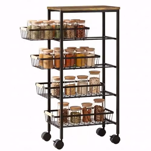 HOMCOM 4-Tier Metal and MDF Storage Trolley with Pull-Out Baskets in Rustic Brown, H 81.5 x W 40.0 x D 24.0 cm – 1