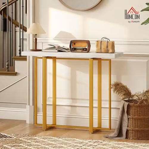 HOMCOM Modern Slim Console Table for Hallway, White and Gold, W: 100 cm, D: 30 cm, H: 78.5 cm – 2