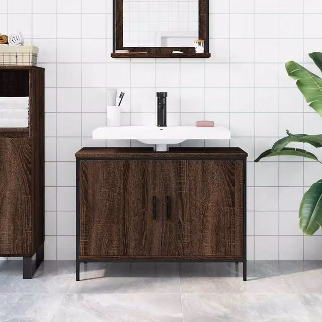 Berkfield Home Sturdy Bathroom Sink Cabinet in Brown Oak, W/D/H: 80 x 30 x 60 cm – 1