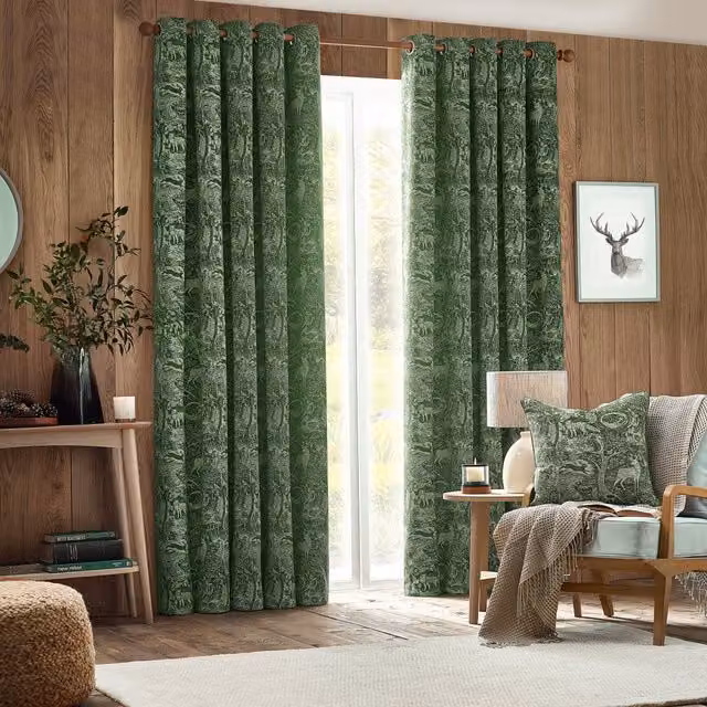 Terrys Winter Woods Emerald Green Chenille Ready Made Eyelet Curtains