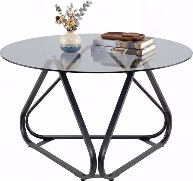 Costway Modern Round Tempered Glass Coffee Table in Black and Transparent