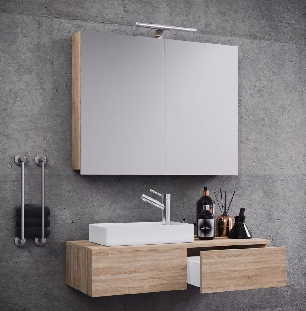 VCM Gudas 3-Piece Modern Wall-Mounted Bathroom Vanity Unit and Mirror Cabinet Set in Natural Brown – 2