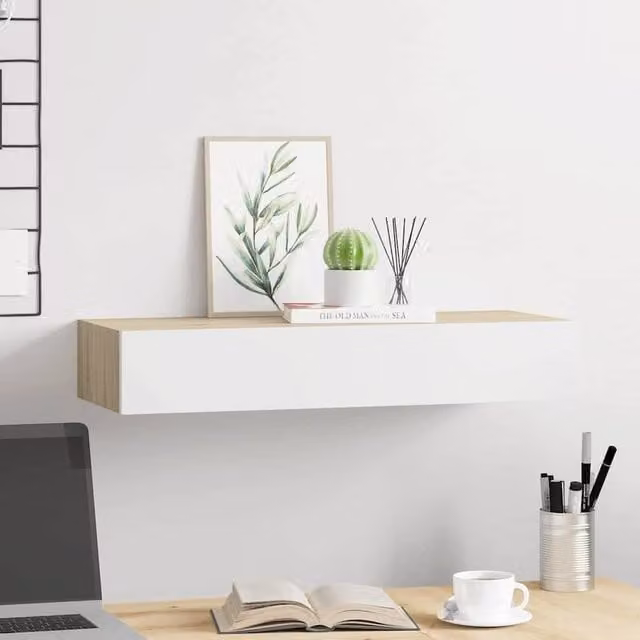 Berkfield Home Elegant Wall-mounted Drawer Shelf in Oak and White, W: 60 cm, D: 23.5 cm, H: 10 cm