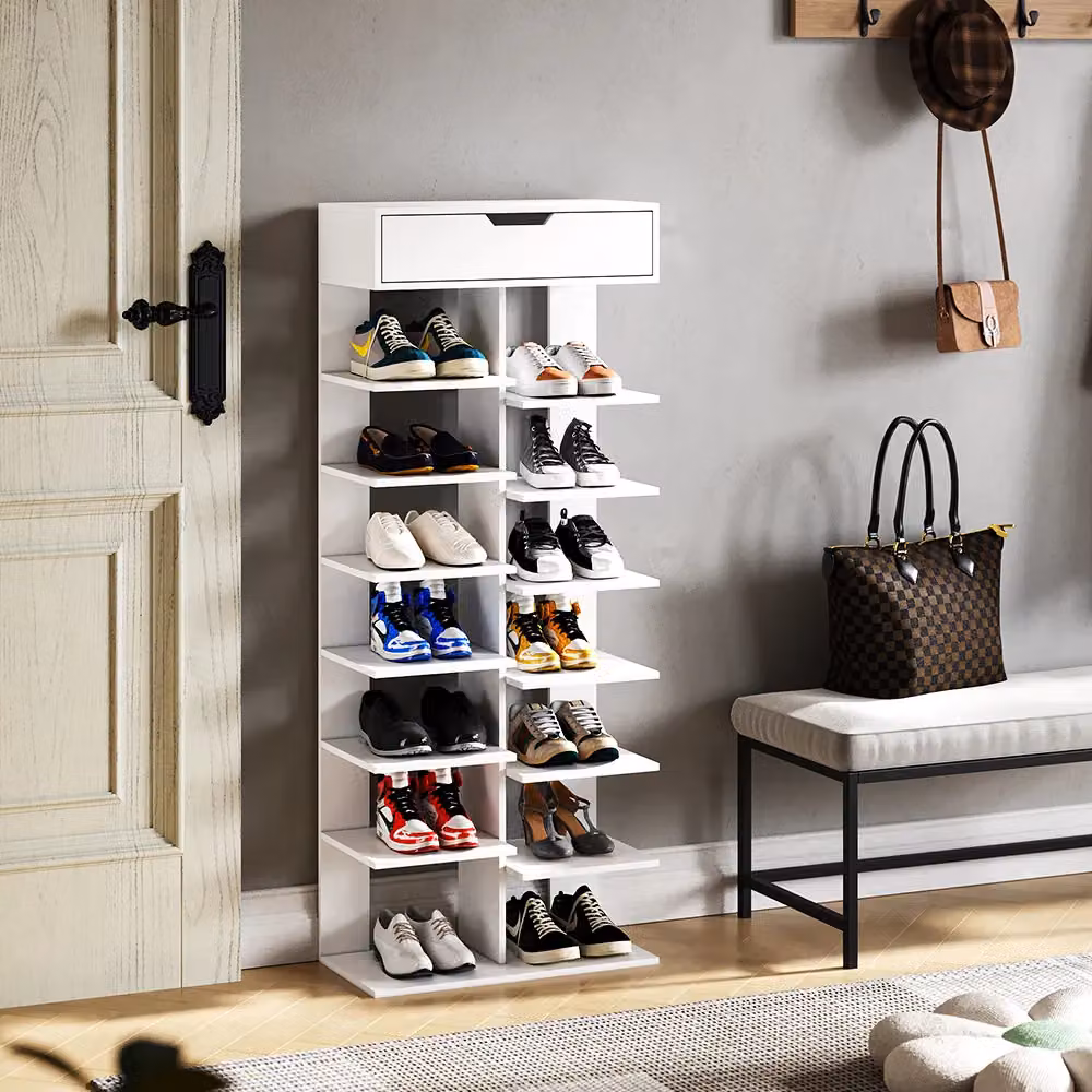 Living and Home 8-Tier Open Space Saving Shoe Rack with Drawer in White – 3