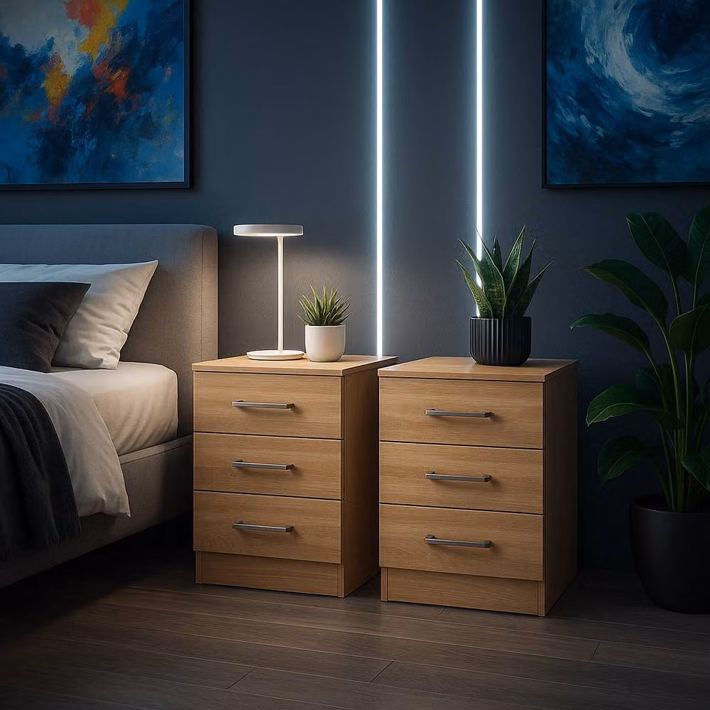 Harmin Pair of Sonoma Oak 3 Drawer Bedside Cabinets in Light Brown – 2