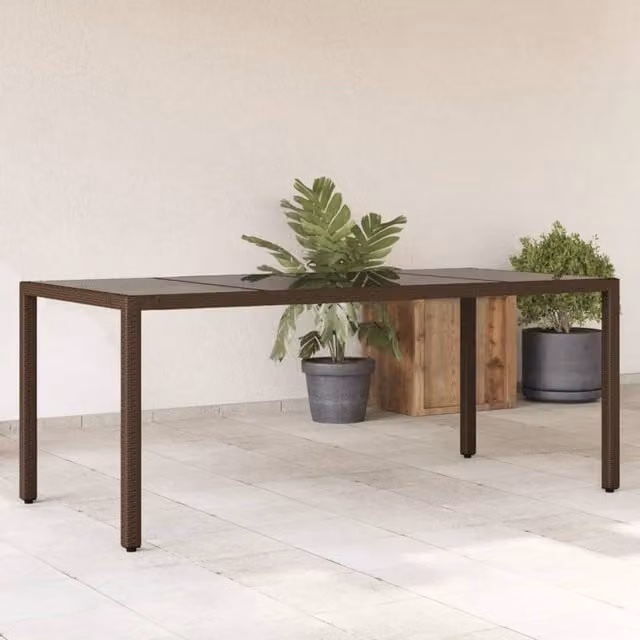 Berkfield Home Brown Poly Rattan Garden Table with Glass Top, W/D/H: 190 x 90 x 75 cm – 1