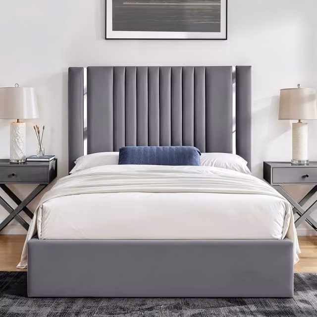 UK Bed Furniture Valencia Gas Lift Storage Upholstered Bed in Grey, Size: Double (140 x 200 cm)