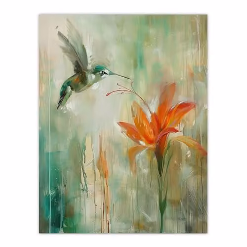 Artery8 Daylily Flower and Hummingbird Wall Art Poster Print in Orange and Green, W: 45.72 cm x H: 60.96 cm