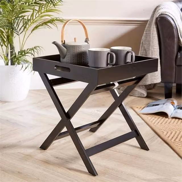 NESTLUNE Black Folding Butler Side Table with Rectangular Wood Top – 1