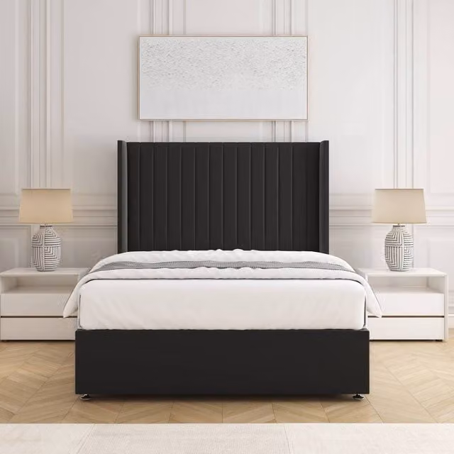 BSSPOKE Manhattan Single Divan Bed with 54 inch Headboard and Mattress in Black Plush Velvet, W/D/H: 90 x 190 cm