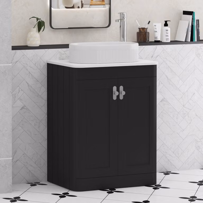 Royal Bathrooms Henley 600mm Floor Standing 2 Door Vanity Unit in Matt Nocturne Black with Plain White Worktop, Lyon Basin and Chrome Knob