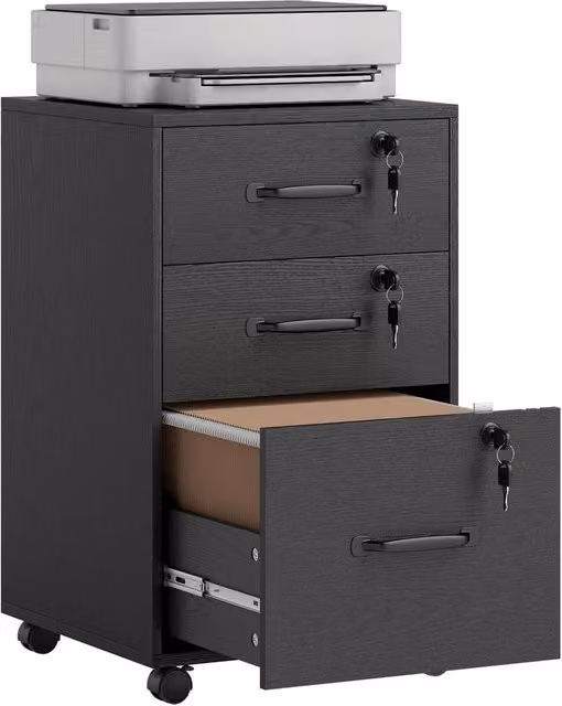 Rolipo 3-Drawer Wood Effect Filing Cabinet in Black with Castors