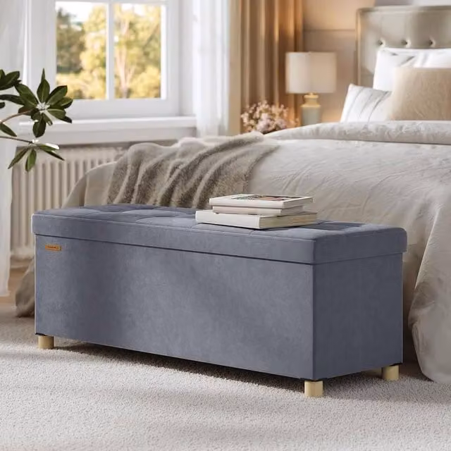 The Bazaarist Velvet Folding Ottoman Bench with Lid in Dark Grey