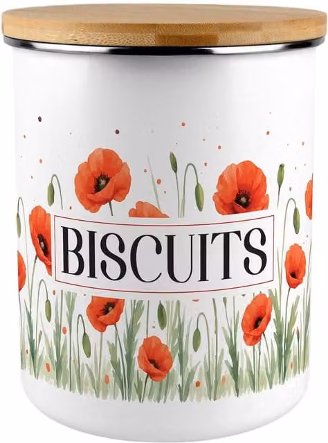 Purely Home Summer Poppies Extra Large Airtight Enamel Biscuit Tin in Red, Brown, Orange and White Floral Design