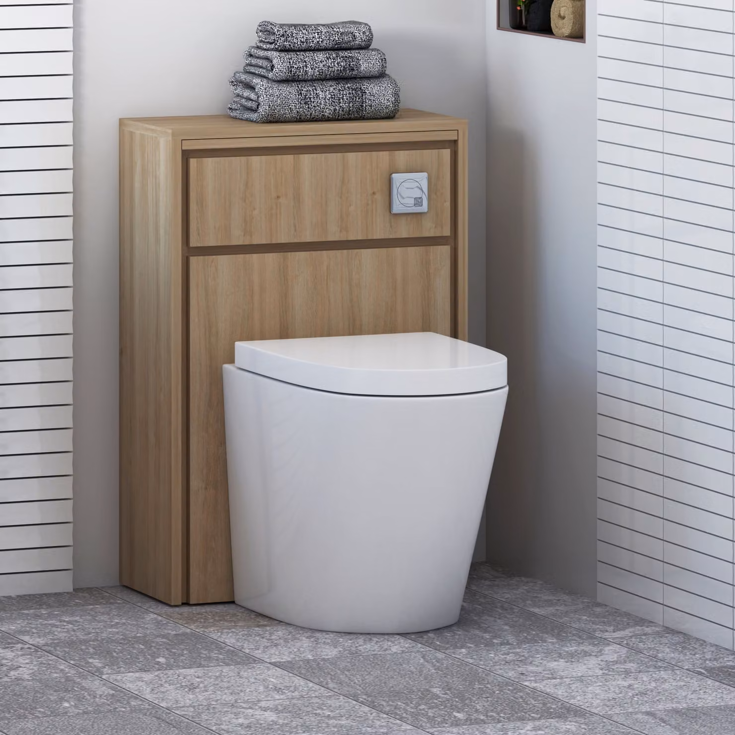 Livora Natural Oak Wall Mounted WC Unit with Cesar Rimless Ceramic Toilet Pan, Seat and Cistern, White and Brown, W: 55.5 cm