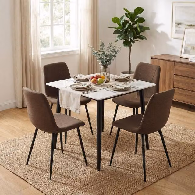 FWStyle 5-Piece Modern Square Dining Set with Cream Marble Effect Ceramic Table and Dark Brown Chairs
