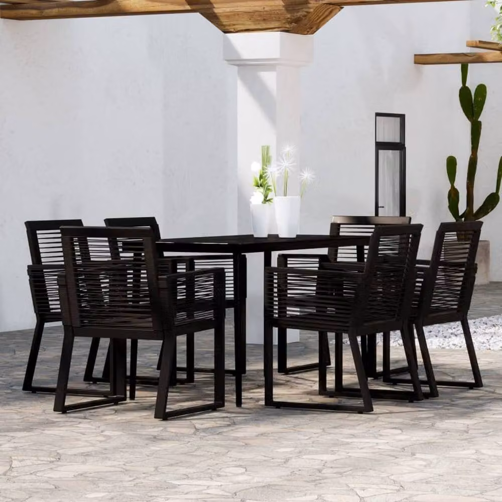 Berkfield Home 7 Piece Black Modern Garden Dining Set with Metal, Glass and Rattan – 1