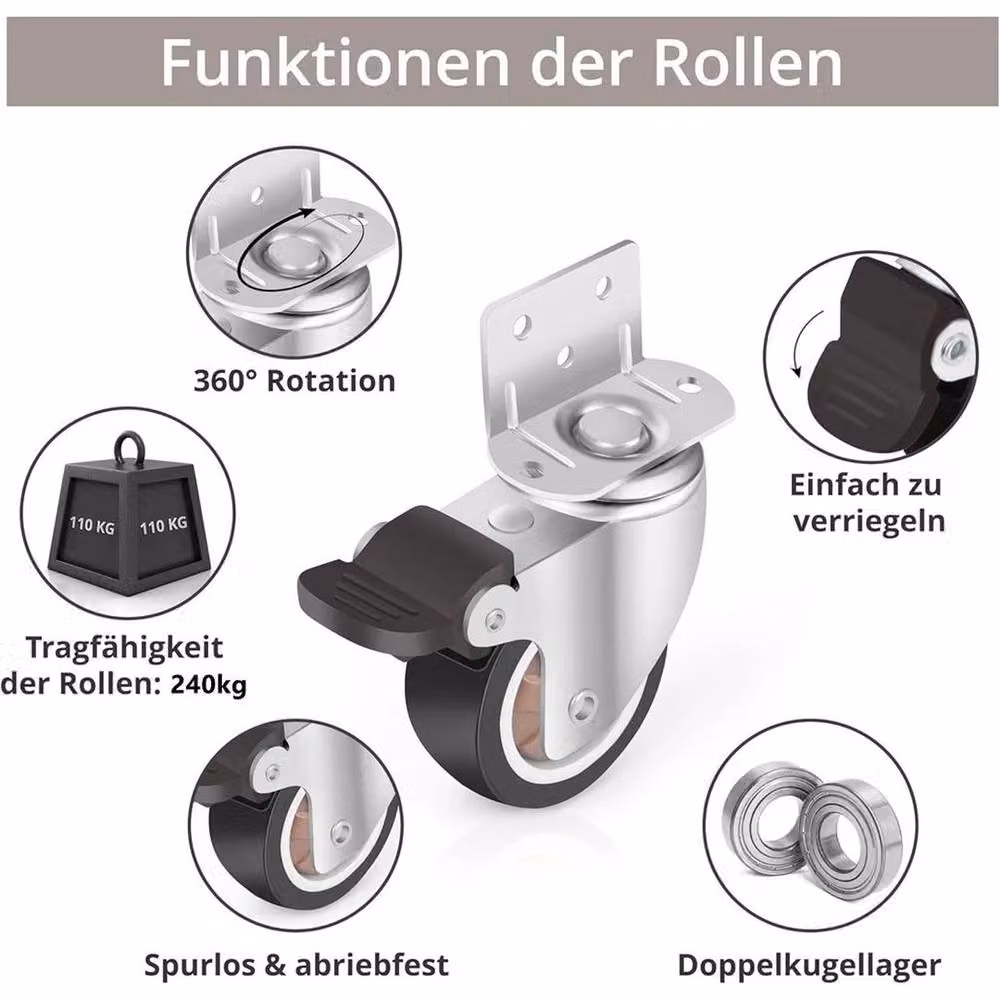 FLAVORA 4 Pack Durable Rubber Locking Swivel Caster Wheels in Silver and Black, 65mm – 5