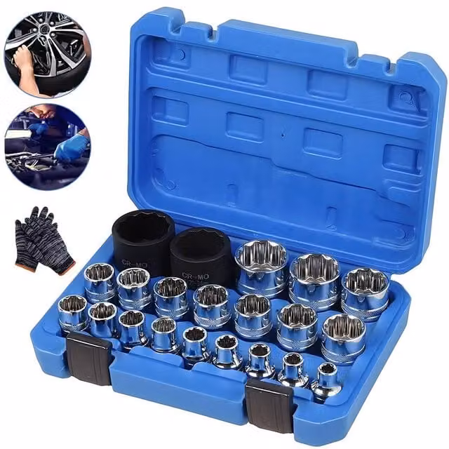 Hinsinc 21-Piece 1/2 Inch Drive Metric Spline Socket Set in Chrome Vanadium, Silver and Black