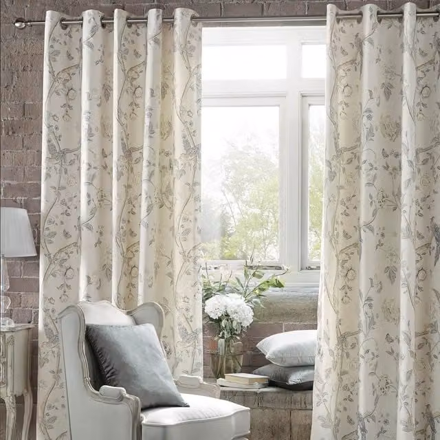 Laura Ashley Summer Palace Ready Made Eyelet Curtains in Dove Grey Floral Cotton