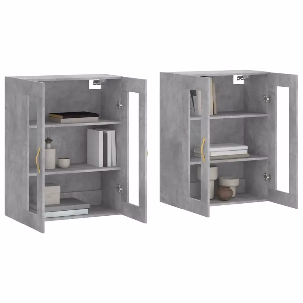 Berkfield Home Set of 2 Wall Mounted Modern Cabinets in Concrete Grey with Glass Doors and Internal Shelves – 1