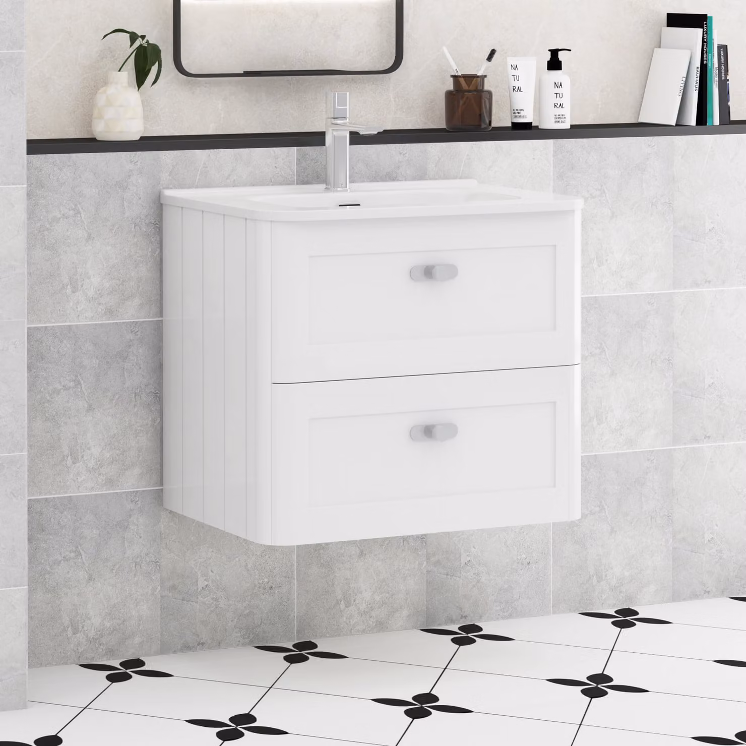 Royal Bathrooms Henley 600mm Gloss White Wall Hung Vanity Unit with 2 Drawers and Ceramic Basin