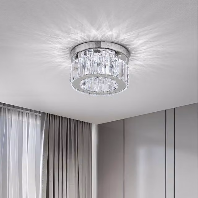 Komore Round Crystal Ring Ceiling Light with Stainless Steel Base in Silver