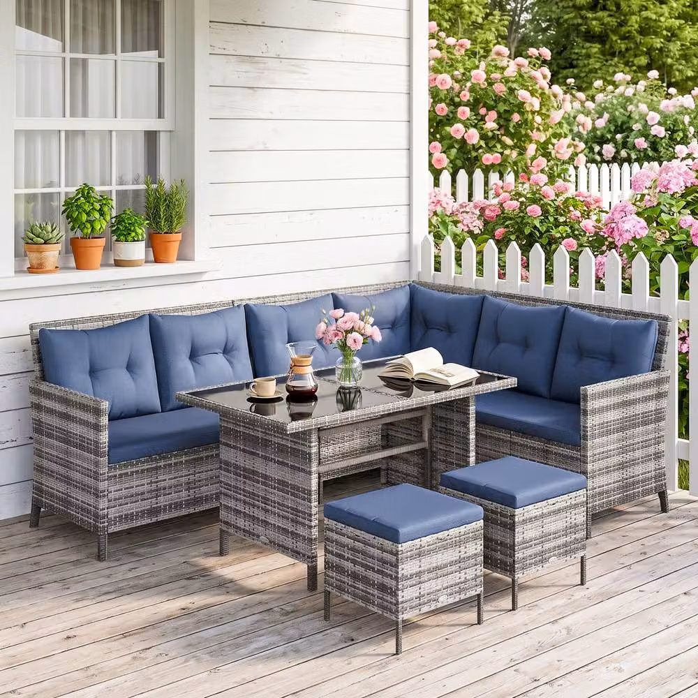 OUTSUNNY 6 Piece Rattan Garden Sofa Set with Dark Blue Cushions and Black Metal Frame – 2