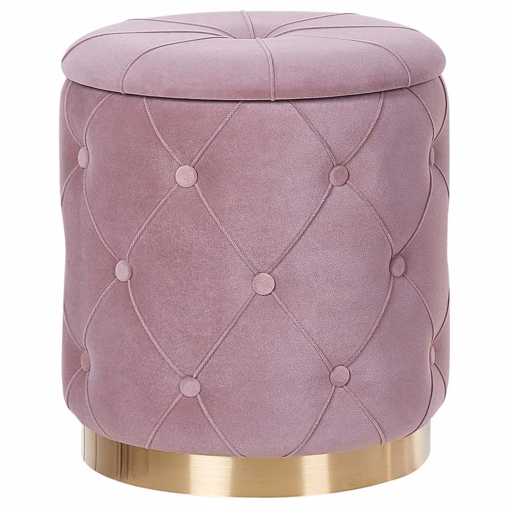 Wyld and Coco Pink Velvet Button Tufted Storage Pouffes Set with Gold Base – 4