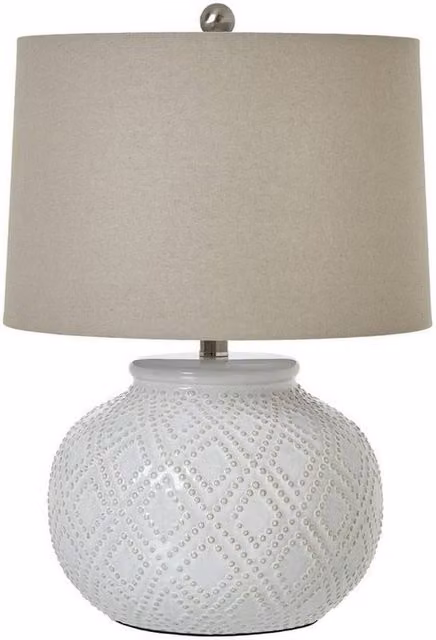 Lemon Pavilion White Ceramic Squat Beaded Tabletop Lamp with Linen Shade, W38 x D38 x H56 cm – 1