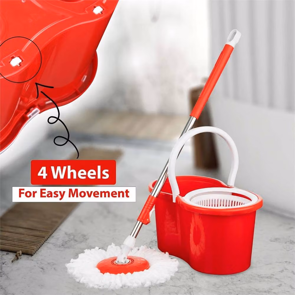 Havendro Floor Spin Mop Bucket Set with Red Microfibre Rotating Heads and Telescopic Handle – 2
