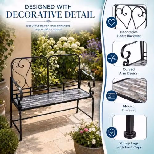Shatchi Oasis Mediterranean Mosaic 2 Seater Garden Bench in Multicolour Metal and Ceramic Tile, W: 112 cm, H: 96 cm, D: 47 cm – 8