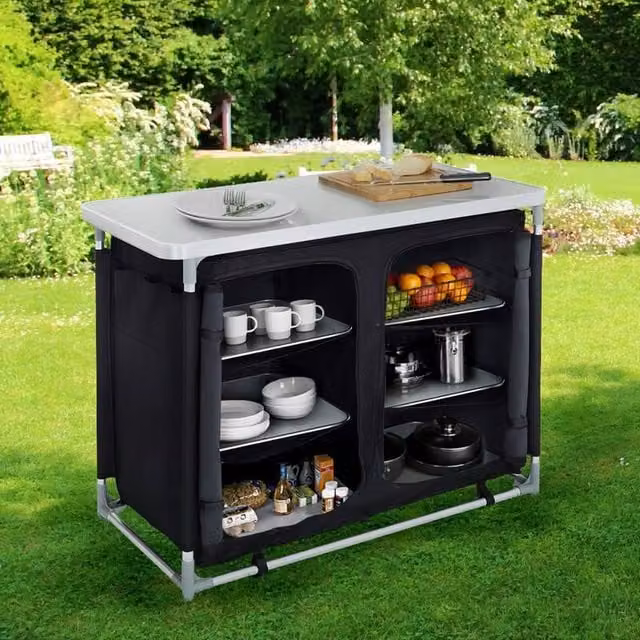 Livingandhome Foldable Camping Kitchen Storage Cabinet with Tabletop in Black 600D Oxford Fabric