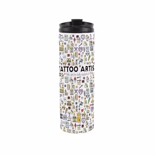 Purely Home Tattoo Artist Novelty Travel Flask, Reusable Stainless Steel Tumbler, Multicoloured and White, 500ml – 1