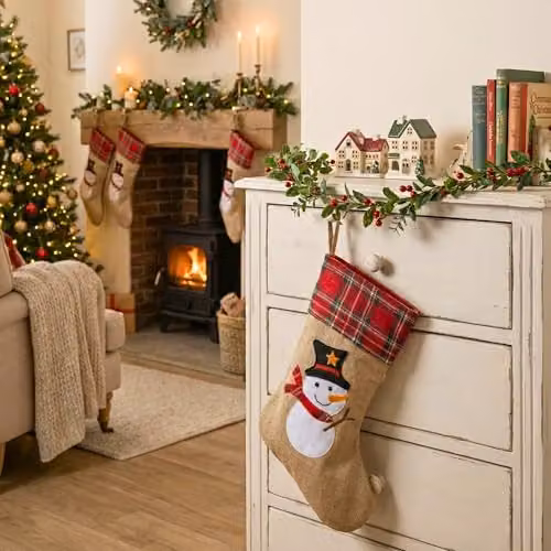 Shatchi Brown Snowman Christmas Stocking, Rustic Burlap Hessian Hanging Sack, W/H: 26 x 25 cm – 2