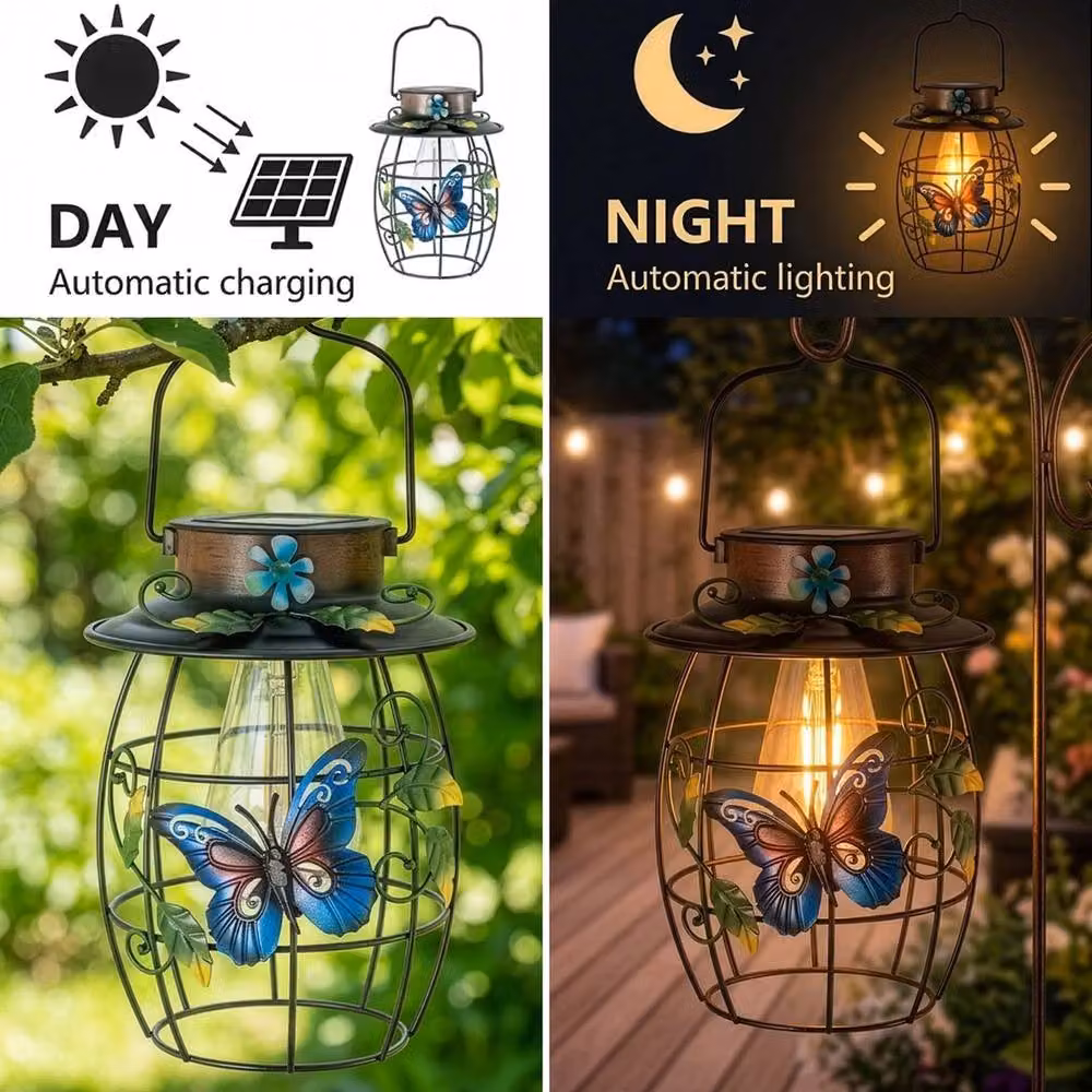 Havendro Solar Butterfly Hanging Lantern in Black with Warm White Light and Dusk Sensor, IP65 Waterproof Metal and Glass Design – 3